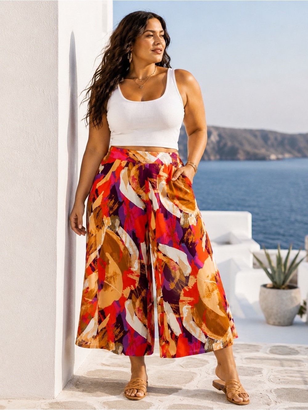 Marallis Wide Leg Pants Abstract Print XL Boho Palazzo Resort Vacation Summer